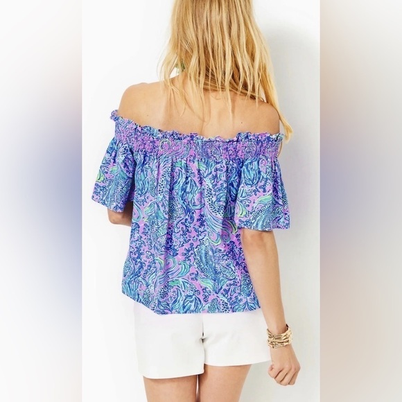 🦩🌴🦩👚Leanne Off-The-Shoulder Linen Top in Lilac Rose We Mermaid👚🦩🌴🦩 - Picture 9 of 11